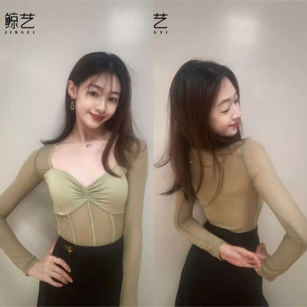 라틴댄스복상의 시스루 긴팔 연습복 째즈상의 취미 발레복 JIKTEM BW4041507
