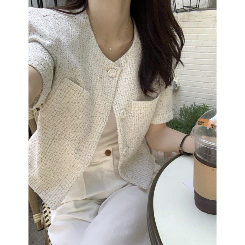 트위드 반팔 자켓 노카라 여름가디건 로맨틱 JIKTEM BW4041721