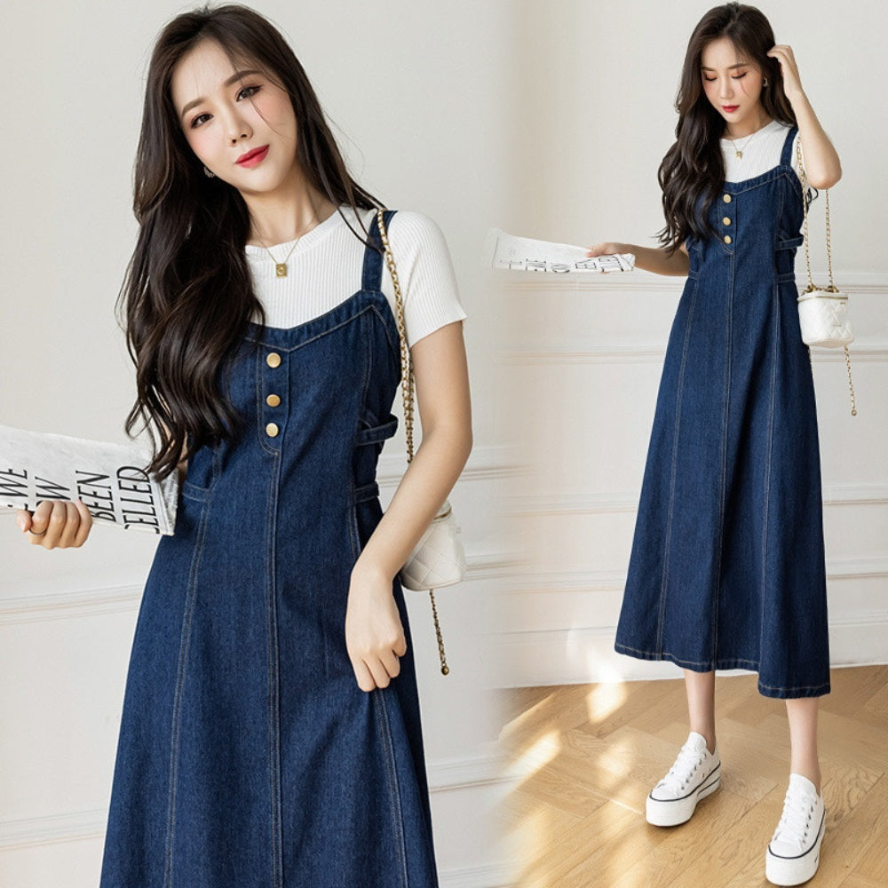 여성 청 데님 원피스 뷔스트에 롱원스 청피치 JIKTEM BW4070901
