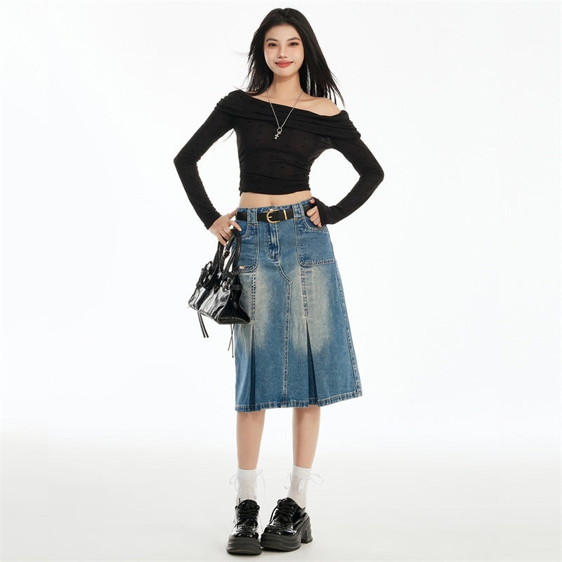 데님 스커트 생지 미디스커트 청치마 빈티지 복고풍 A라인 JIKTEM BJ5022705