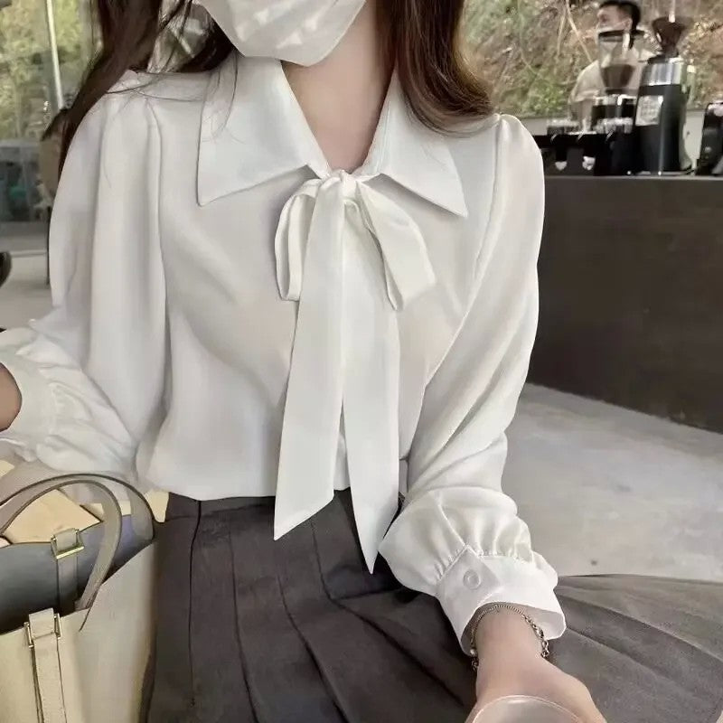 카라 셔츠 긴팔 리본넥 블라우스 벌룬 화이트 베이직 JIKTEM BW5081307