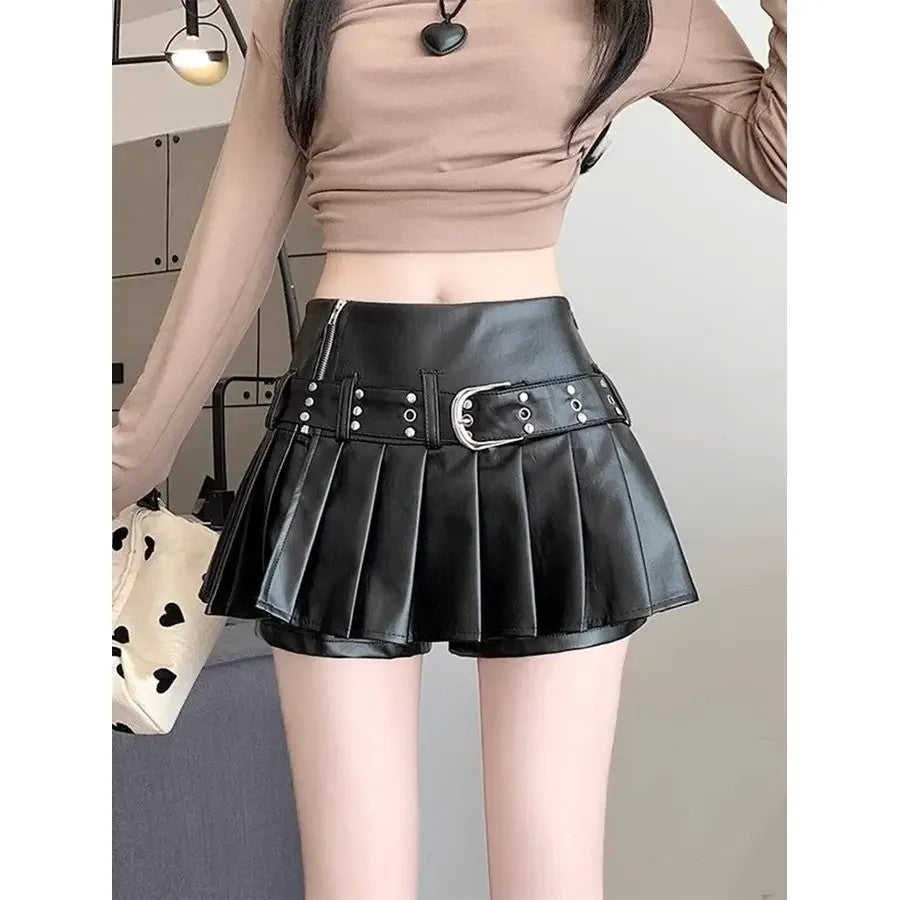 레더 스커트 댄스복 슬림 pu 주름 치마 버클 치마바지 A라인 JIKTEM WW5091501