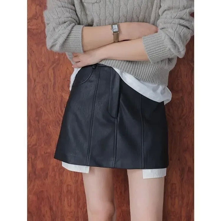 레더 스커트 pu 치마 슬림 모던 심플 하이웨스트 JIKTEM WW5091507