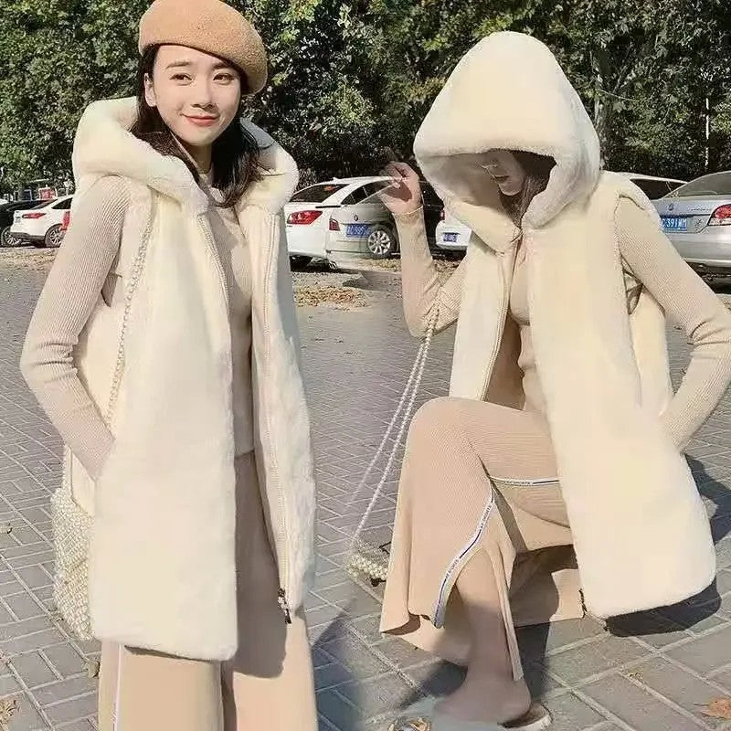 인조 모피 미디움 롱 베스트 뽀글이 루즈핏 코트 후드 조끼 JIKTEM WW5111007