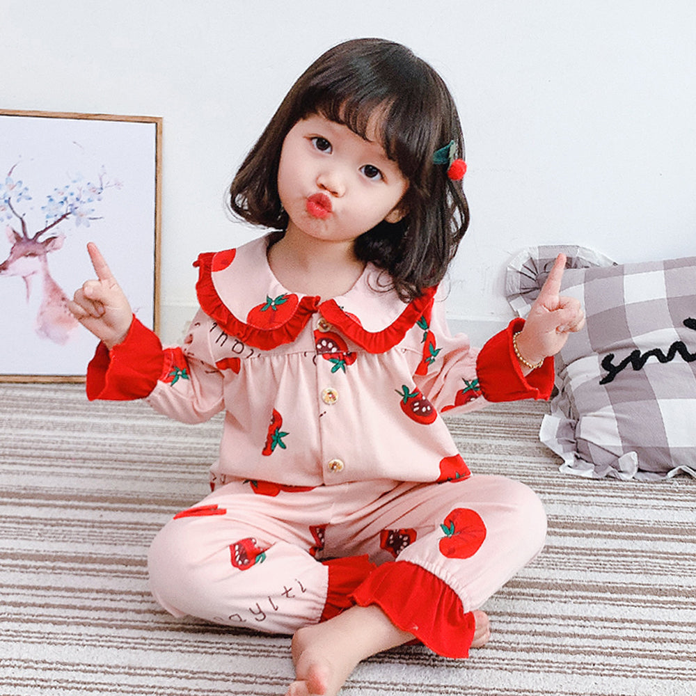 Q1022611 유아 어린이 꿀잠 잠옷 상하세트 딸기농장 체크 무늬 프릴장식 배앓이방지 파자마