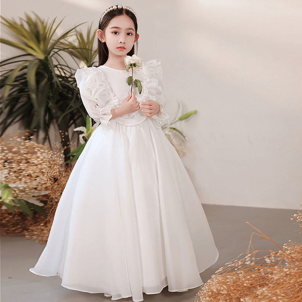 피아노콩쿨의상 프릴 긴팔화동드레스 화이트 Q1112007