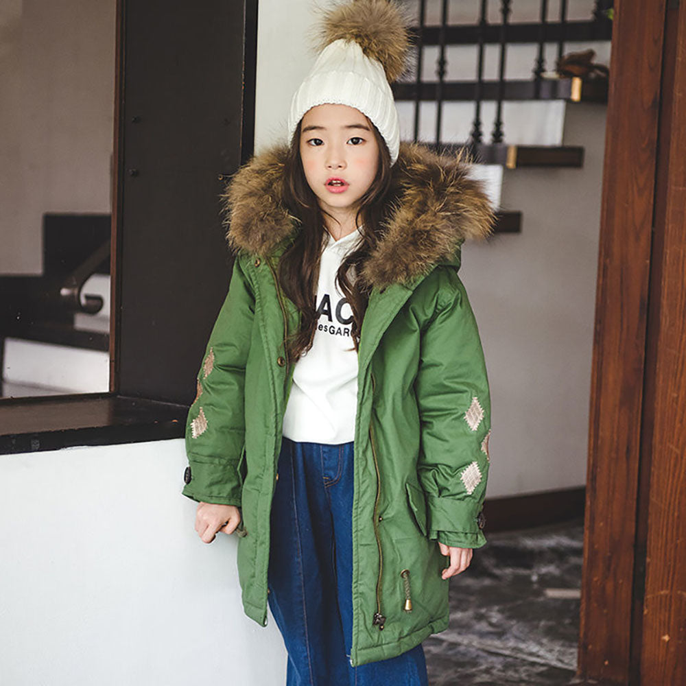 패딩점퍼 중기장 여아 후드 야상자켓 그린 겨울 데일리룩 Q1122804