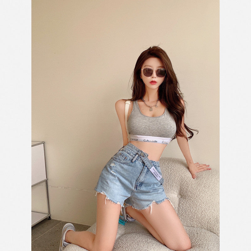 찢청 핫걸 연청 숏팬츠 언발 허리라인 데님 연청 반바지 D2030407
