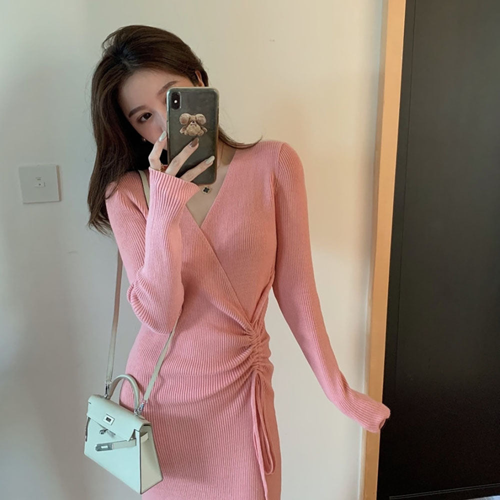 주름니트원피스 Q1111231 핑크 니트원피스 브이넥 그린 긴팔롱원피스 슬림핏