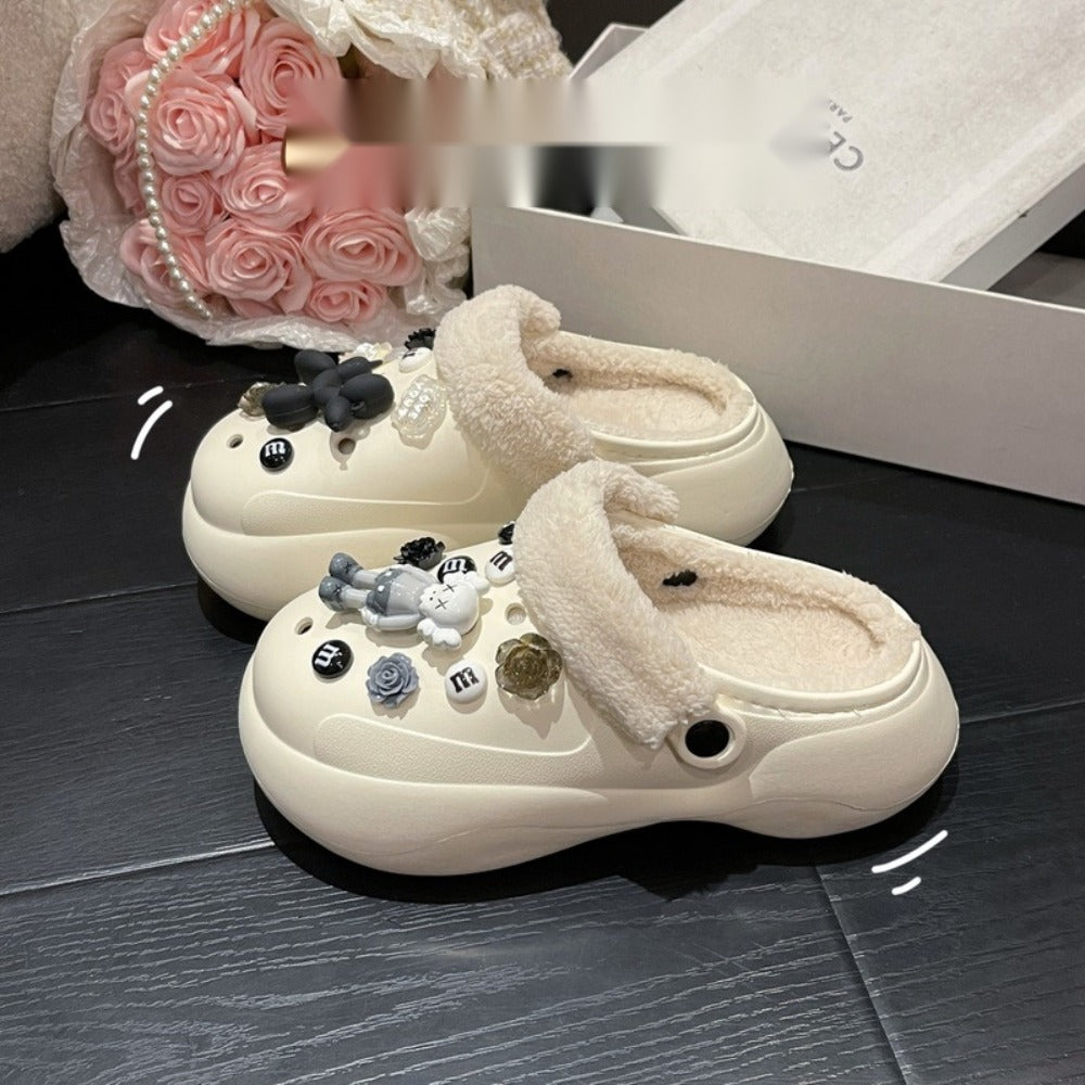 사무실 털슬리퍼 발편한 여성 겨울 하프 플라워 신발 BY2102615