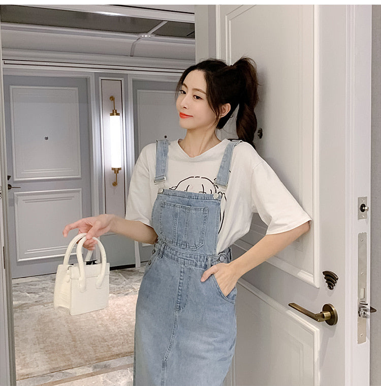 멜빵원피스 포켓 데님 빅사이즈 앞트임 Q2032915 롱원피스 청치마