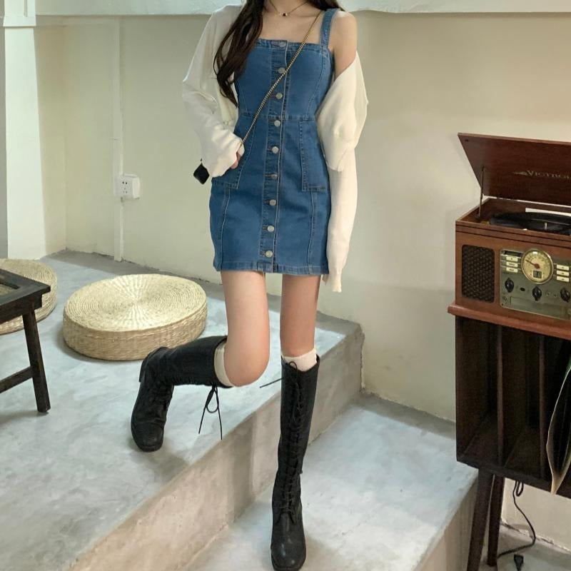 데님 날씬핏 버튼드 멜빵원피스 스커트 Q2032910 미니
