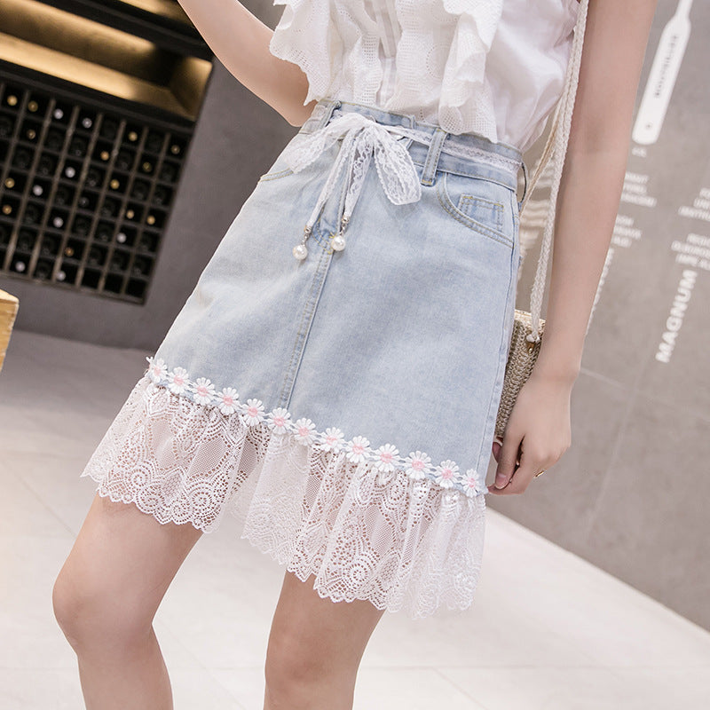 A라인 Q2052322 청치마 연블루 레이스 데님스커트