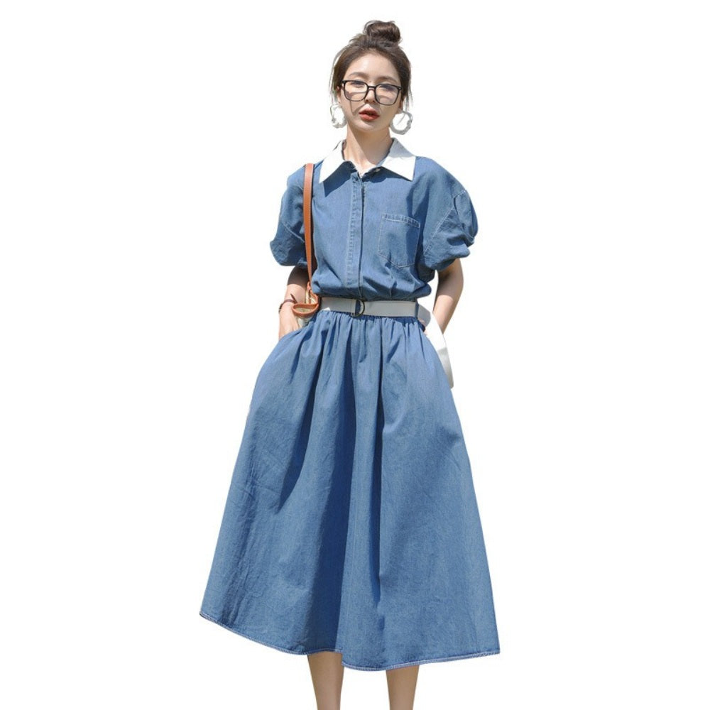 얇은 데님 원피스 청치마 큐트 카라넥 반팔 시원한 캐주얼룩 BQ3042819