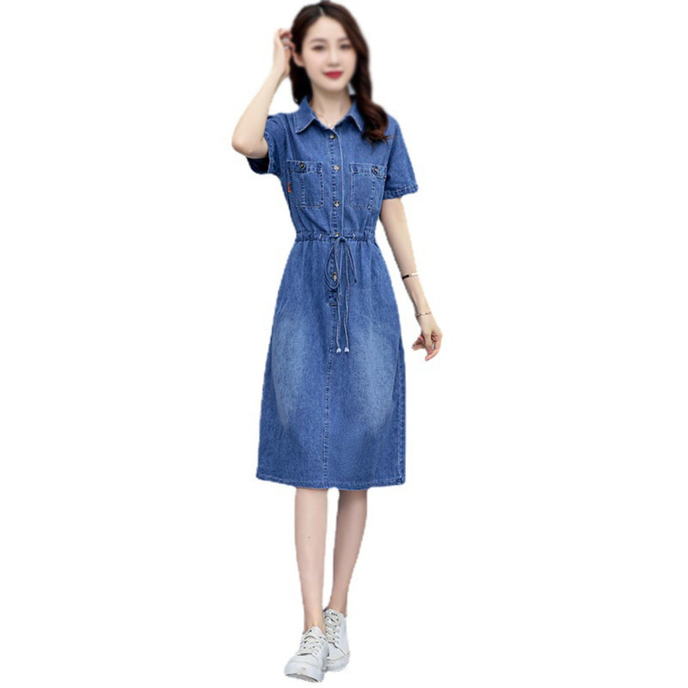 빅사이즈 반팔 데님 청원피스 롱스커트 캐주얼 카라넥 BQ3042815