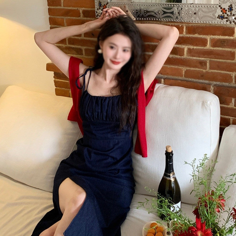롱원피스 데님 진청 끈 레이어드 셔링 캐주얼 옆트임 키큰여자 BQ3042812