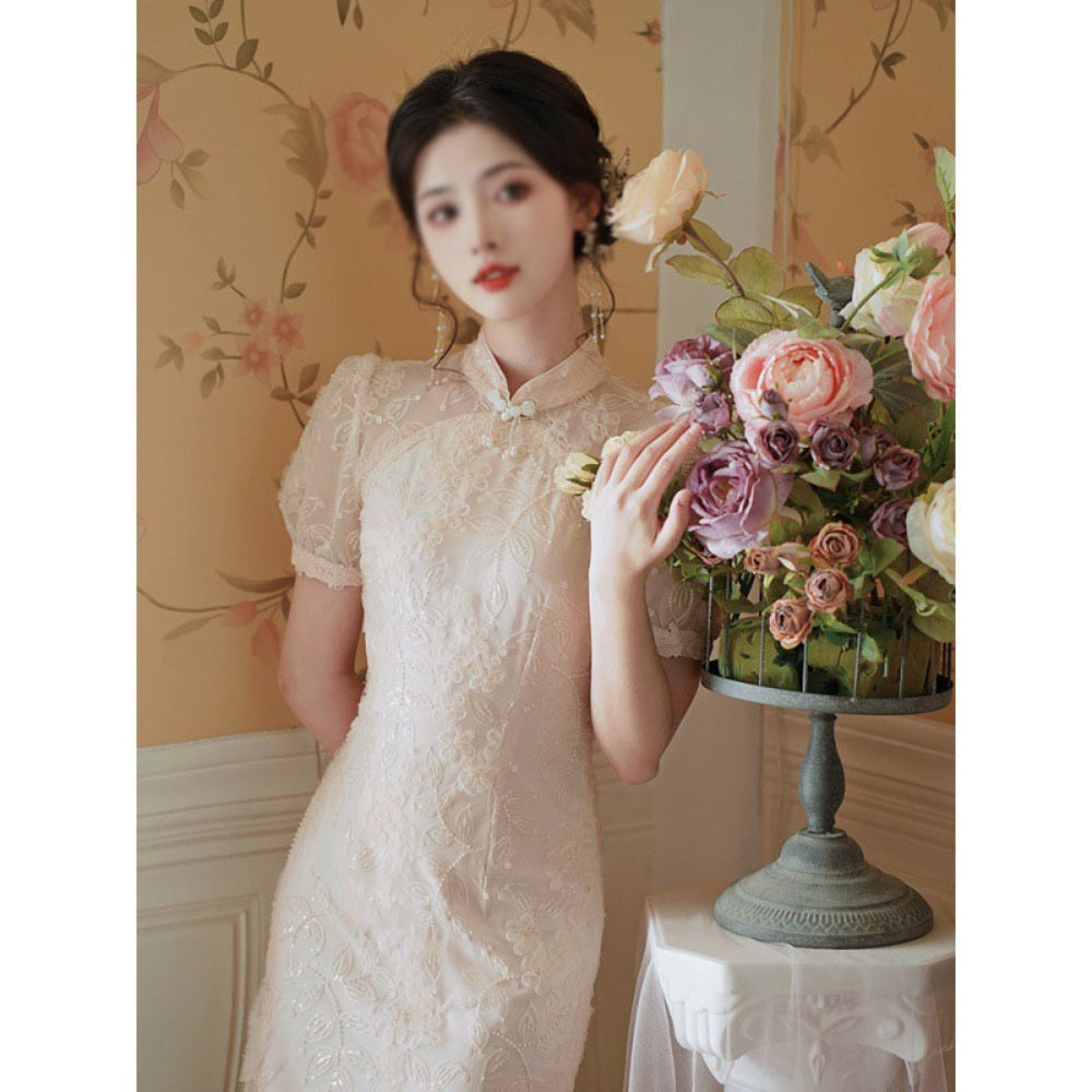 여름롱원피스 개량 치파오 슬림핏 중국전통드레스 쉬폰 옆트임 자수 BQ3052009