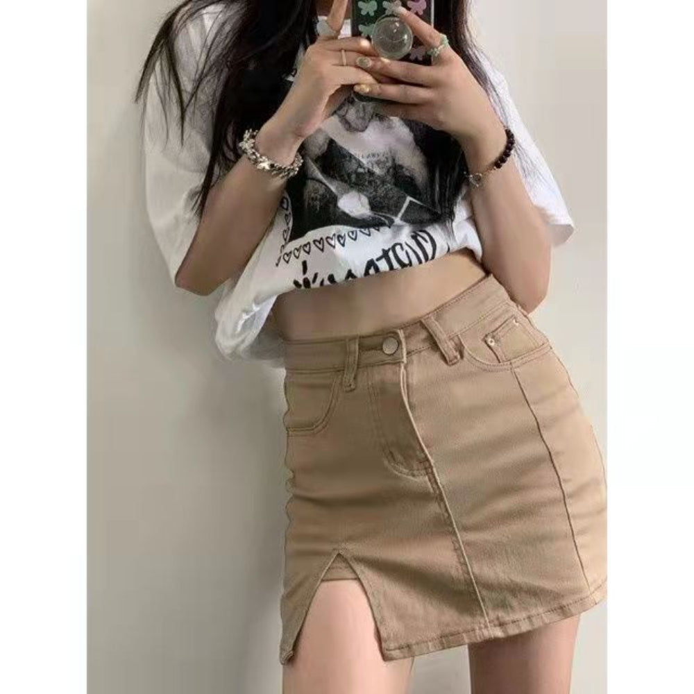 미니 스커트 데님 하이 웨이스트 힙 치마  WW2071421