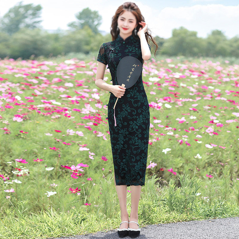치포우 반팔 원피스 레이스 전통민속 의상 직템  Q2072014