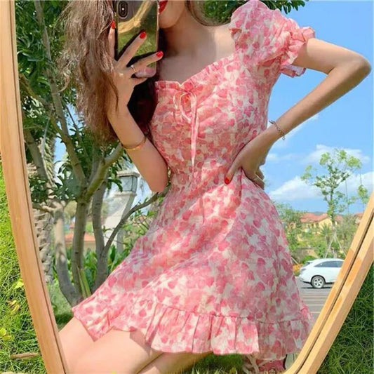 플라워 원피스 비치 휴양지 미니 원피스 벌룬 반팔 로맨틱 JIKTEM WD4040904