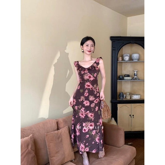 플라워 롱원피스 장미꽃 쉬폰 캐주얼 휴양지룩 JIKTEM WD4040909