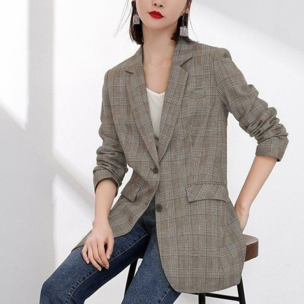 린넨자켓 블레이져 롱재캣 캐주얼 정장 체크 패턴 복고풍JIKTEM BW4041707