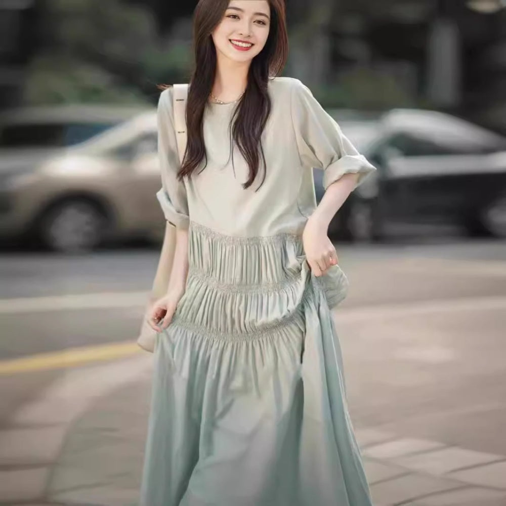맥시 롱원피스 셔링 7부 간편외출 편한 홈웨어 휴양지 JIKTEM BJ4062401