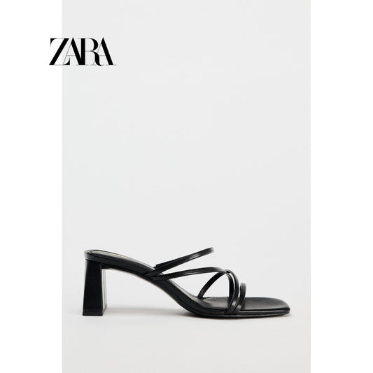 ZARA 정품 샌들 슬리퍼  스트랩 사각코 발편한 미들힐 블랙 JIKTEM WD4062404