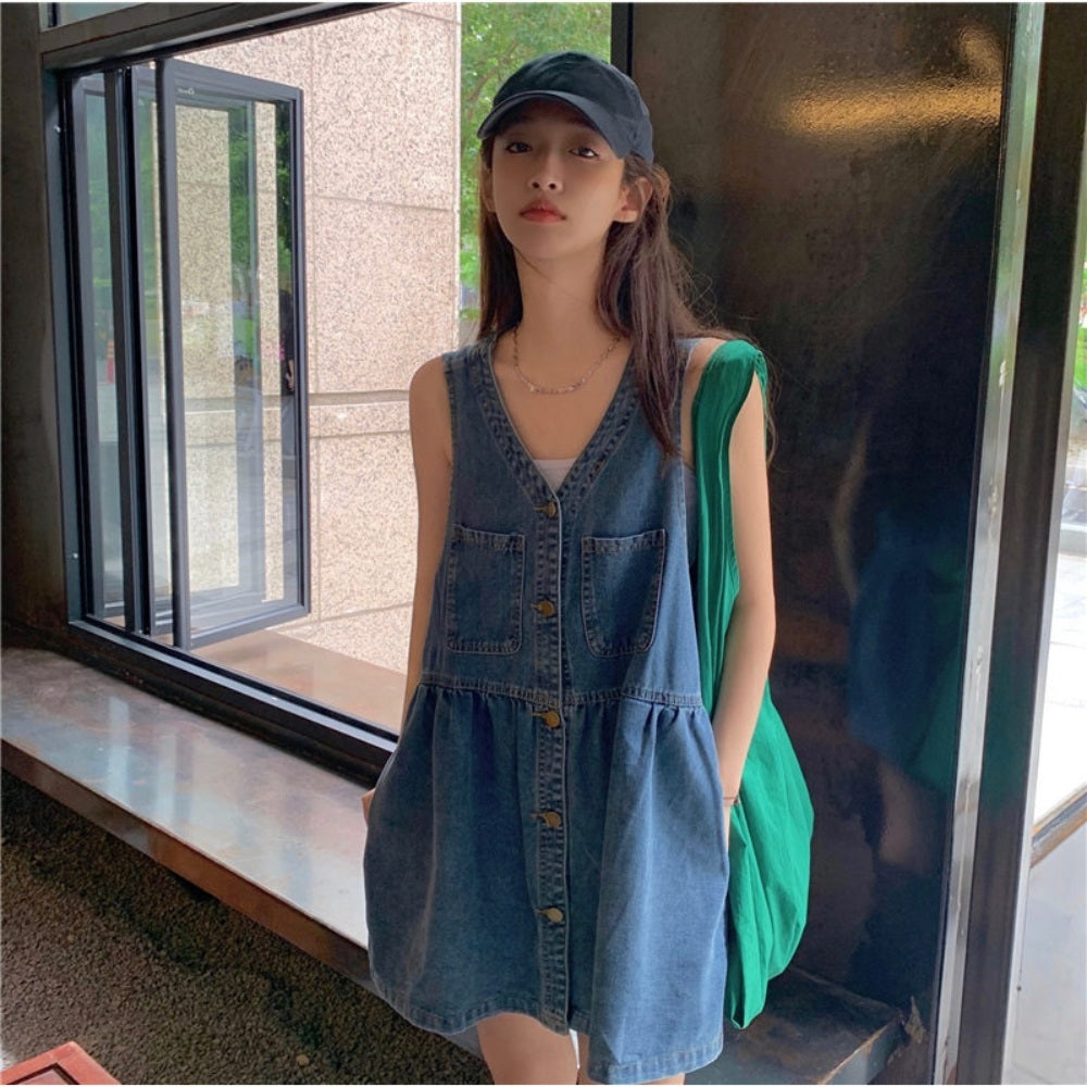 데님 원피스 미니 브이넥 멜빵 청원피스 JIKTEM BW4070905