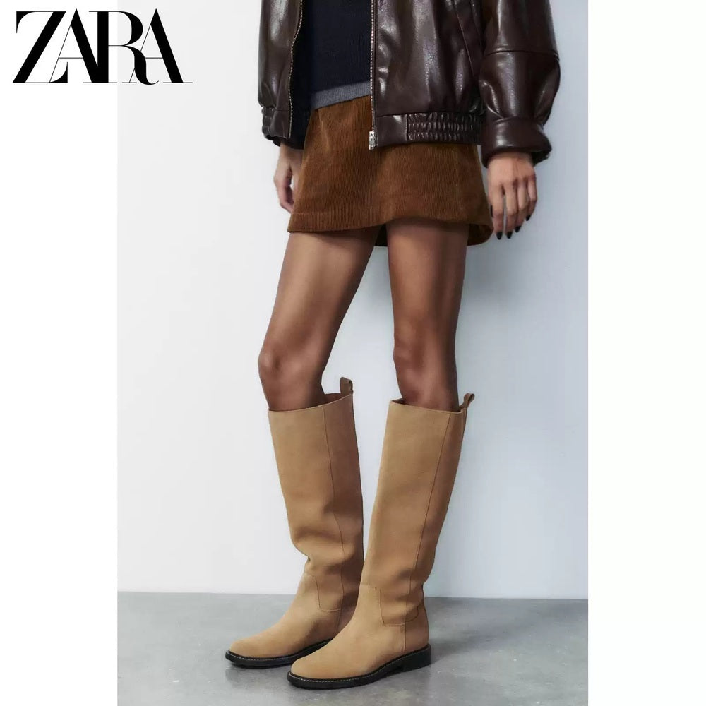 ZARA 정품 스웨이드 플랫 통넓은 무릎부츠 JIKTEM WD4121901