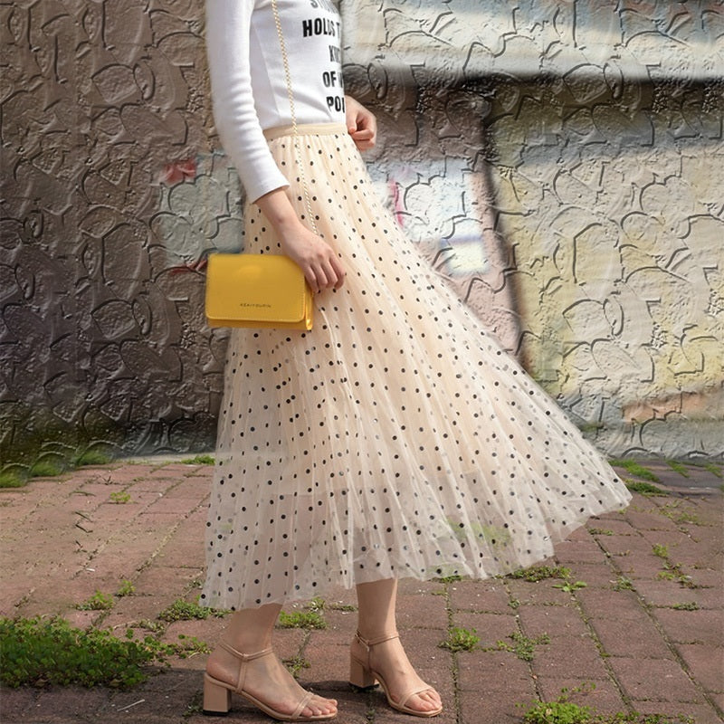 쉬폰치마  하이웨스트 망사 허리밴드 레이스 땡땡이 스커트 JIKTEM BJ5022117