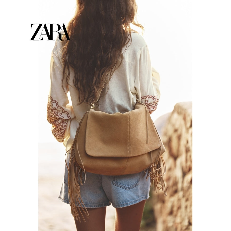 ZARA 정품 스웨이드 수술장식 크로스 바디백 숄더백 대용량 JIKTEM BW5052411