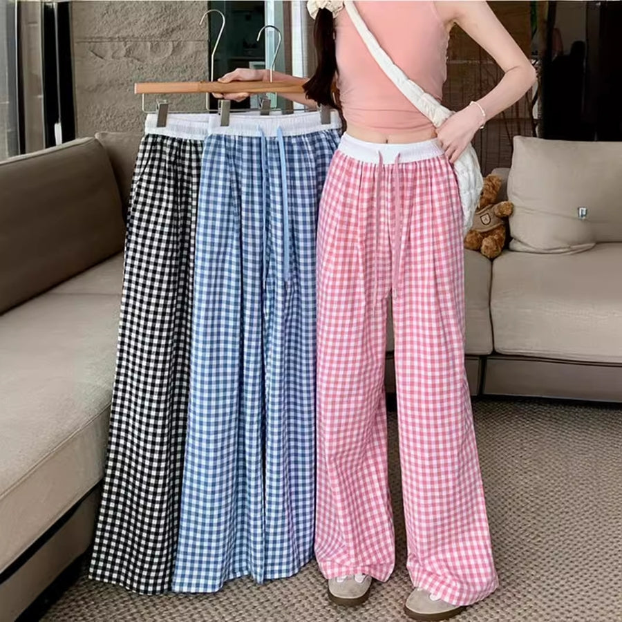 1+1 체크 팬츠 와이드 통바지 여름 시원 고무줄 일자바지 JIKTEM BW5062904