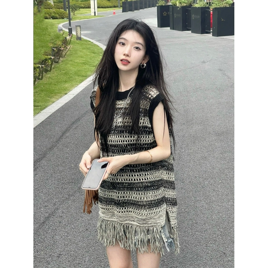펀칭니트 조끼 비치룩 그물 망사 여름 티 시스루 홈웨어 JIKTEM BJ5070722