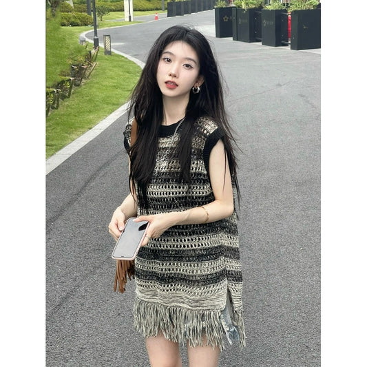 펀칭니트 조끼 비치룩 그물 망사 여름 티 시스루 홈웨어 JIKTEM BJ5070722