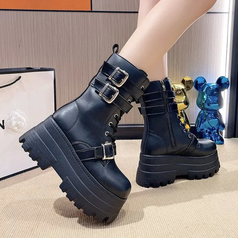 9CM 통굽 숏부츠 하이탑 워커화 버클장식 패션 키높이 플랫폼 부츠 JIKTEM BW5080822