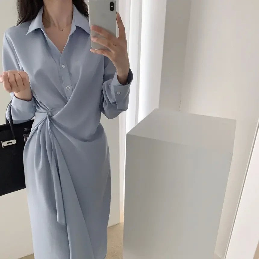 셔츠 원피스 긴팔 카라넥 롱원피스 하객룩 드레스 언발핏 JIKTEM BW5081311