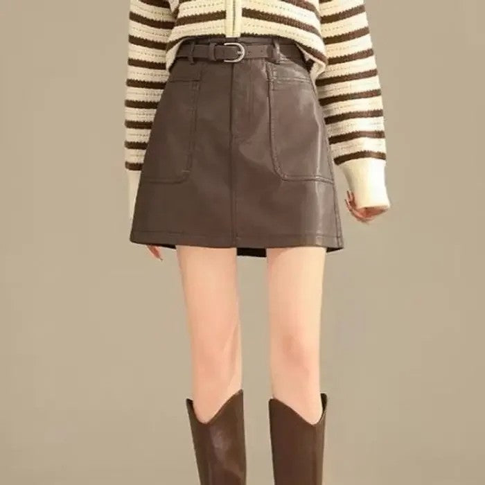 레더 스커트 pu 치마 미디 모던 심플 복고풍 하이웨스트 JIKTEM WW5091509