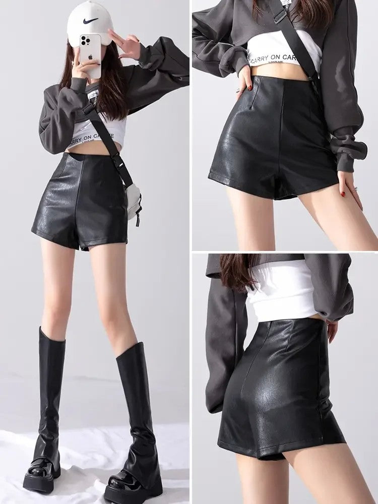 레더 숏팬츠 하이웨스트 3부 반바지 PU  슬림  댄스복 JIKTEM WW5091624
