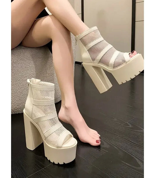 14cm 통굽 웨딩슈즈 망사 토오픈 키높이 샌들 워킹화 가보시 펌프스 힐 JIKTEM BW5092305