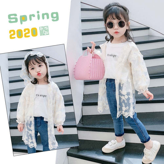 Q1051618 여아 레이스 롱 점퍼 자외선차단 공주 롱 가디건 퍼프소매