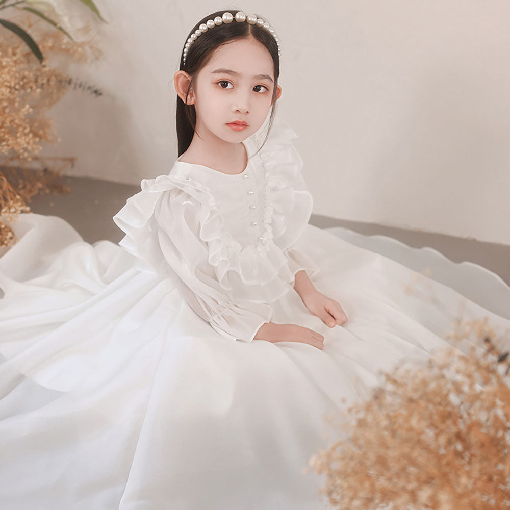 피아노콩쿨의상 프릴 긴팔화동드레스 화이트  Q1112007