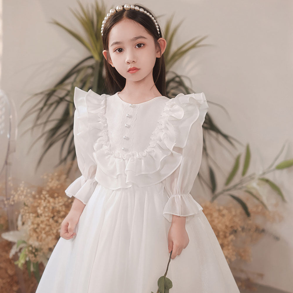 피아노콩쿨의상 프릴 긴팔화동드레스 화이트  Q1112007