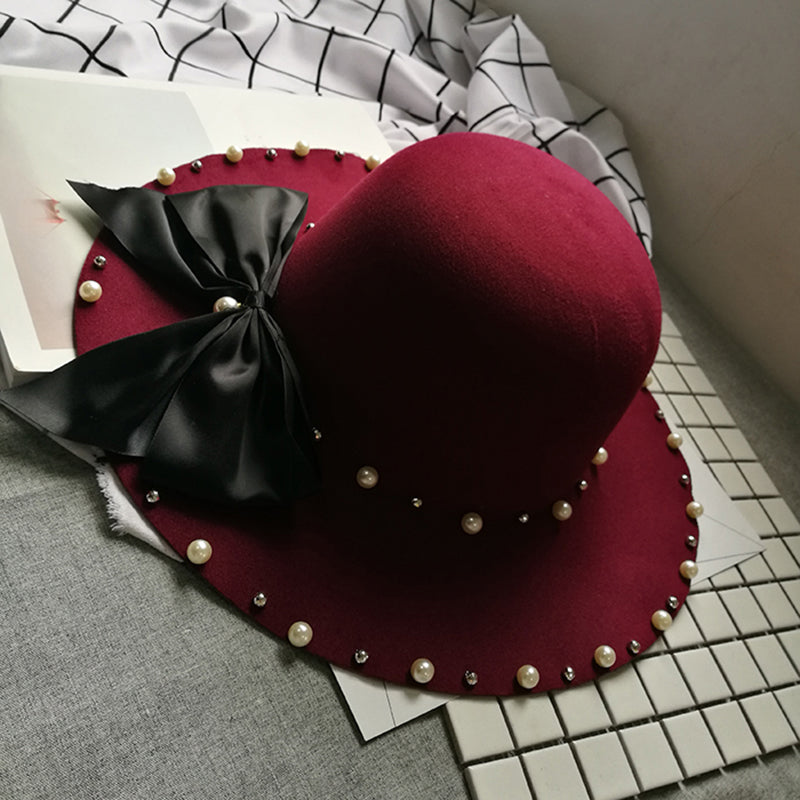페도라 모직 겨울 모자 여성 나비리본 구슬장식 버킷햇 데일리  M1112206