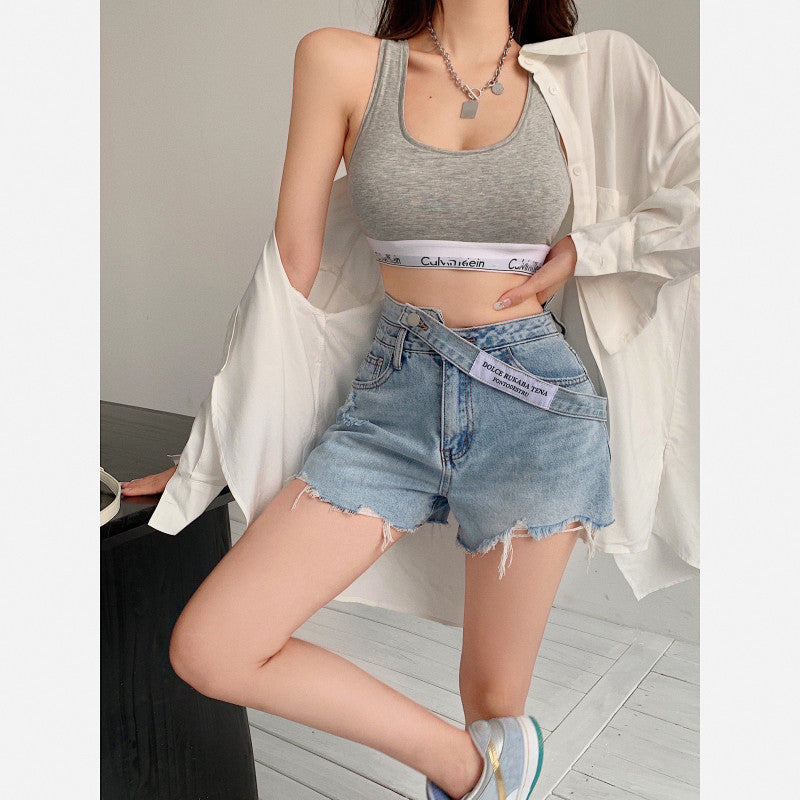 찢청 핫걸 연청 숏팬츠 언발 허리라인 데님 연청 반바지  D2030407