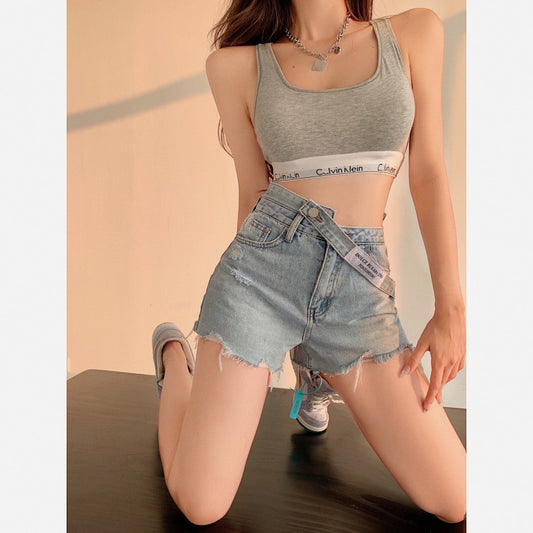 찢청 핫걸 연청 숏팬츠 언발 허리라인 데님 연청 반바지  D2030407