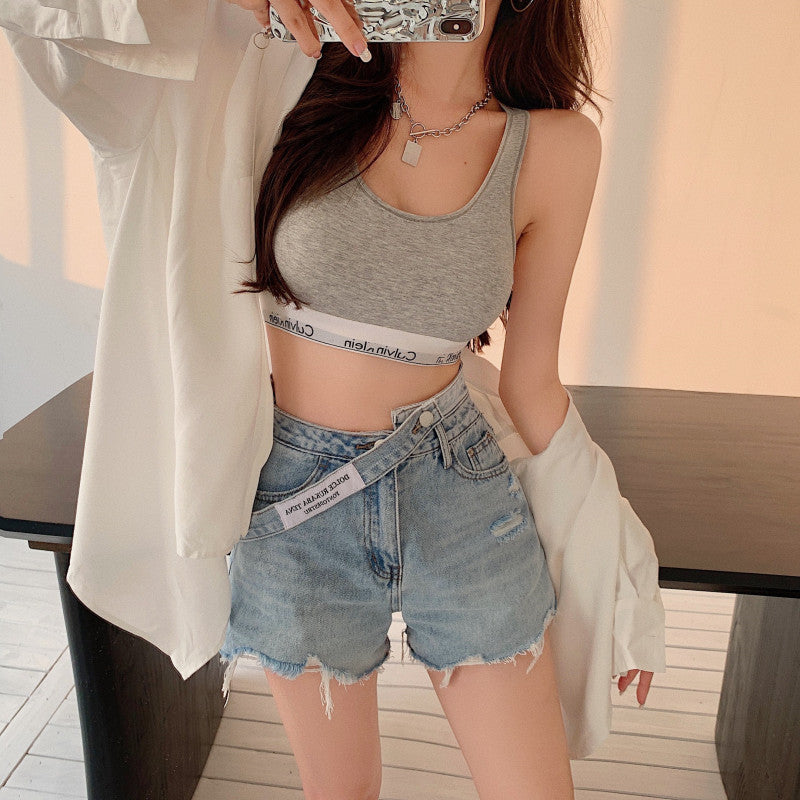 찢청 핫걸 연청 숏팬츠 언발 허리라인 데님 연청 반바지  D2030407