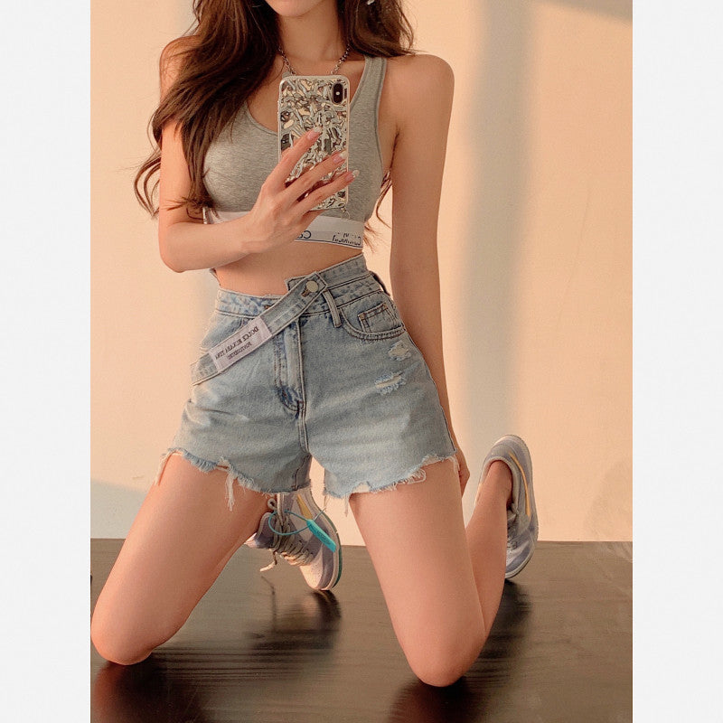 찢청 핫걸 연청 숏팬츠 언발 허리라인 데님 연청 반바지  D2030407