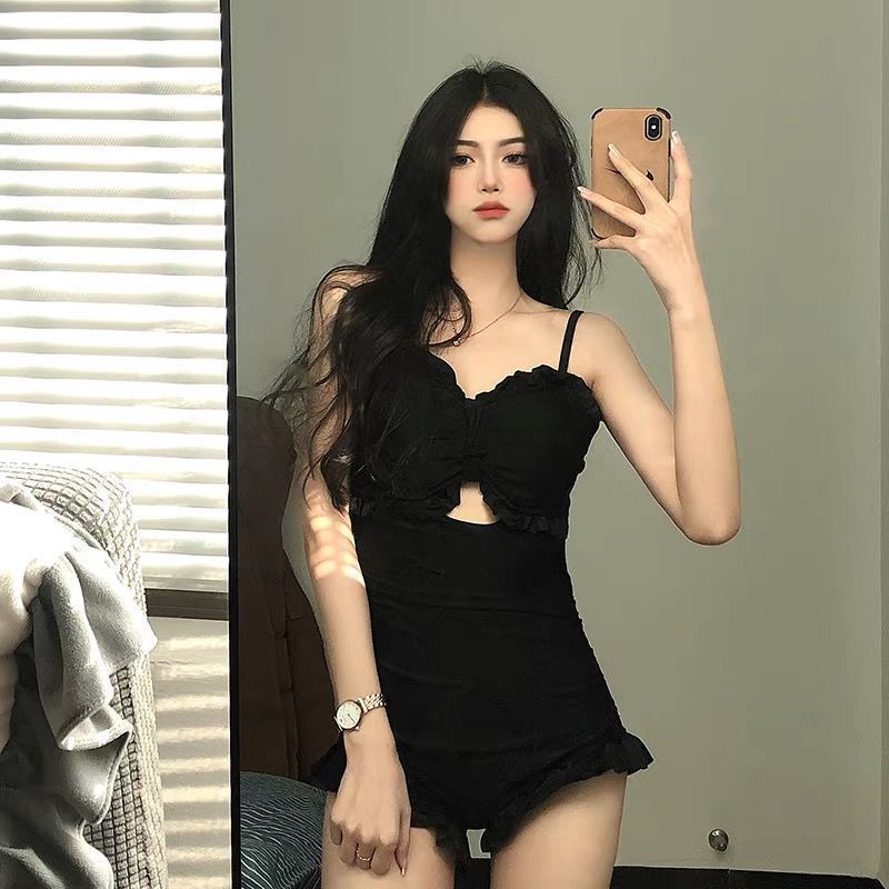 블랙  오프숄더스위브 수영장 비치 체형커버 치마 수영복  Q2060603