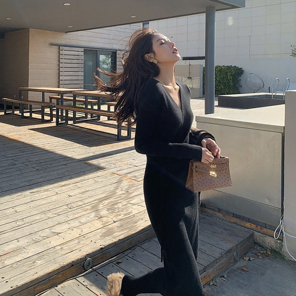 주름니트원피스 Q1111231 핑크 니트원피스 브이넥 그린 긴팔롱원피스 슬림핏